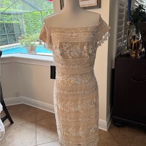 Tadashi Shoji Cream Off-Shoulder Lace Midi Dress